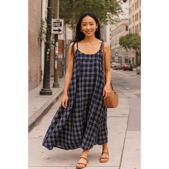Chan Luu Plaid Maxi Dress Navy Blue  Check Tie Strap Boho Summer Casual one size - Picture 1 of 4